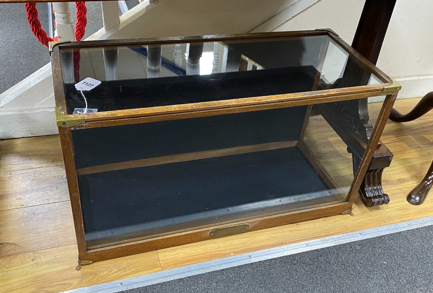 A brass mounted teak display case, width 77cm, depth 33cm, height 42cm
